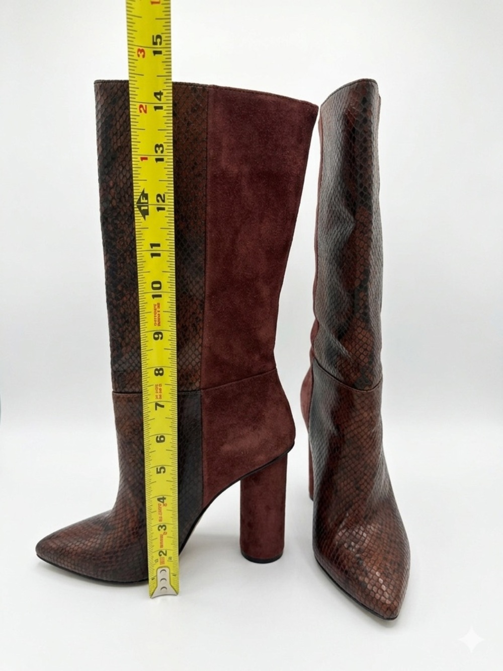42 GOLD Two-Tone Burgundy Snake-Embossed & Suede Boots - Picture 5 of 7